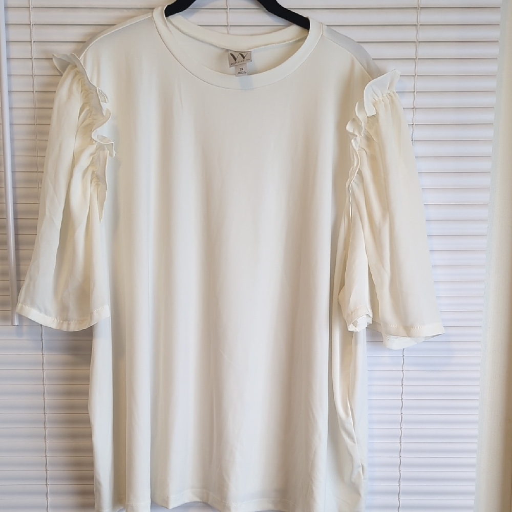 Worthington White Ruffle Sleeve Top 3X Elegant Blouse Career Minimalist - Picture 2 of 6
